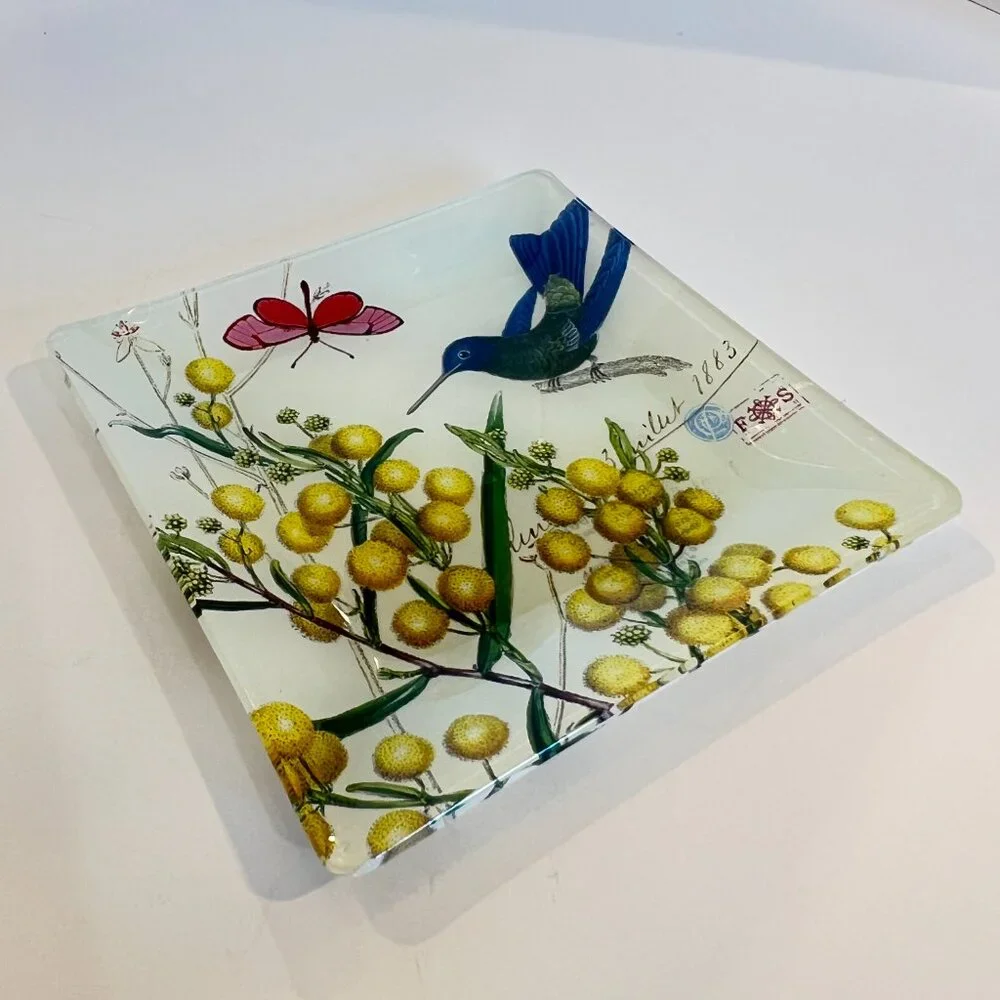 Blue Hummingbird & Pink Butterfly Ornate Small Glass Trinket Dish Jewelry Tray